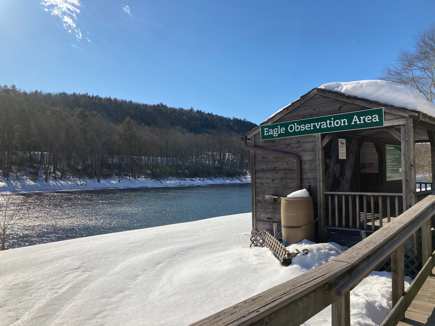 The Barbara Yeaman Eagle Observation Area along Route 97 in Minisink Ford, NY, provides ramp access that enables all to view wintering eagles along the Delaware River. Visit https://delawarehighlands.org/eagles/wintering-eagles/ for additional access sites.